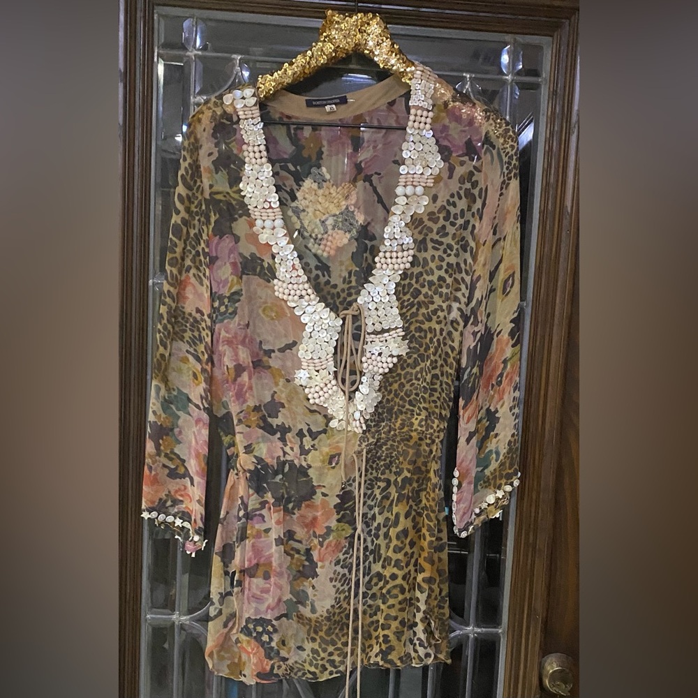 Boston Proper Sheer Beaded Tunic Top XS Floral Leopard Embellished Long Sleeve